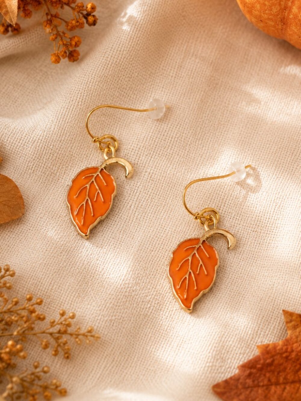 Orange Enamel Leaf Dangle Earrings Gold Autumn Fall Thanksgiving Nature - Picture 2 of 5
